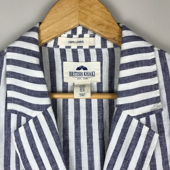 🌴EUC: BRITISH KHAKI 🌊⛱️🦞⚓ 🚢 100% Linen SEERSUCKER Blazer bl/wh NAUTICAL! - Picture 2 of 3